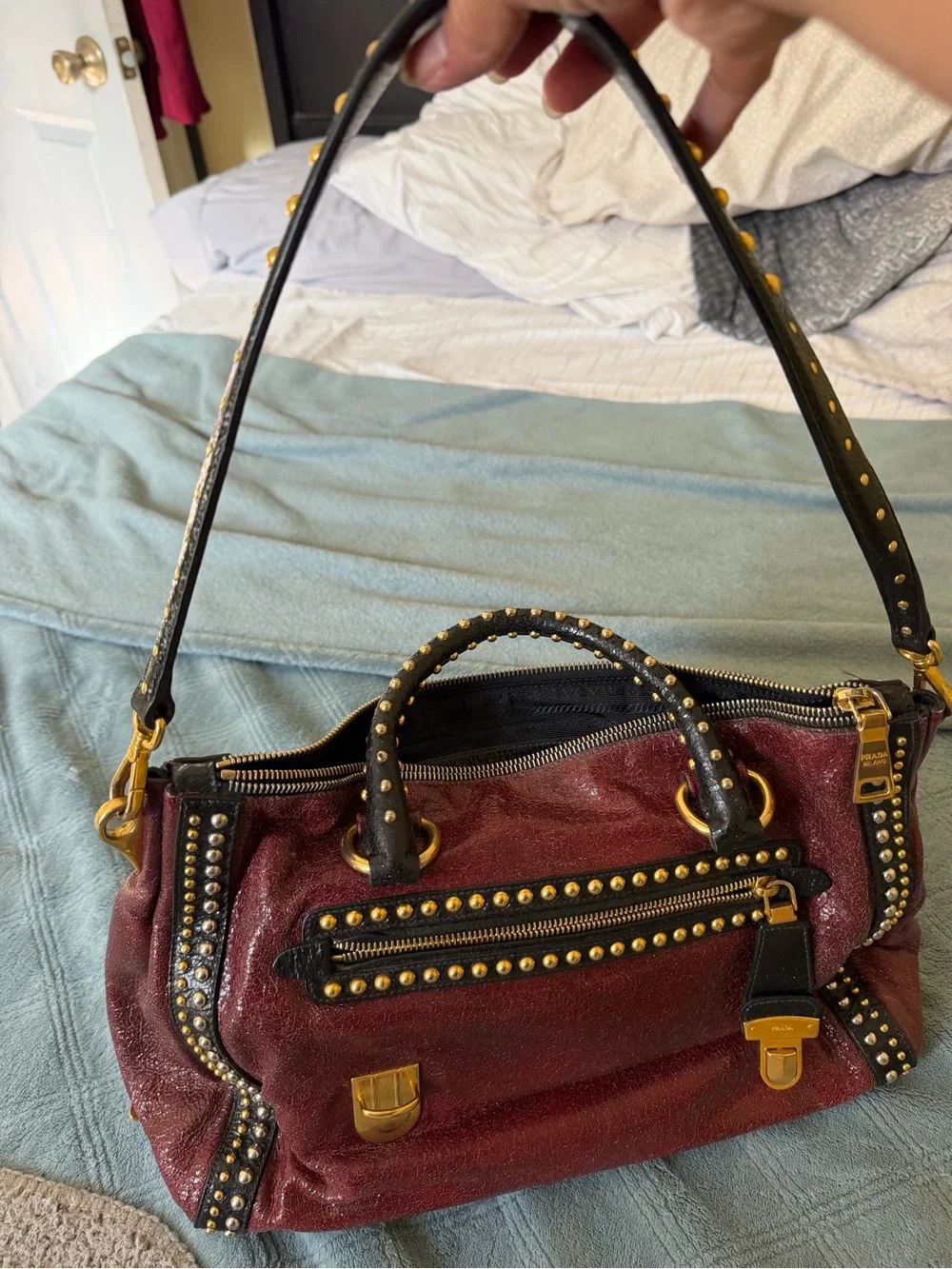 Prada Burgundy and Black Studded Leather Satchel in Distress leather
